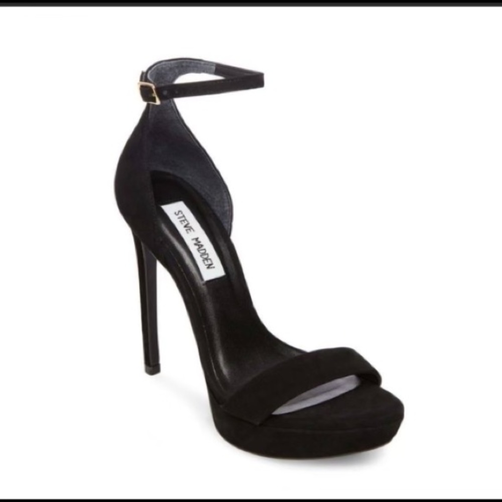 Steve Madden; black; suede; open toed heels w/ ankle strap; good condition